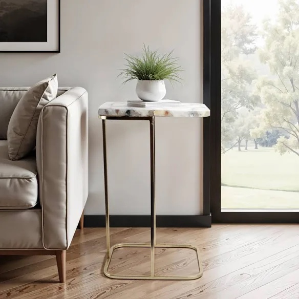 Side Table with Agate Top and Gold Metal Base, C-Shaped End Table for Living Room, Modern Accent Table, 24"
