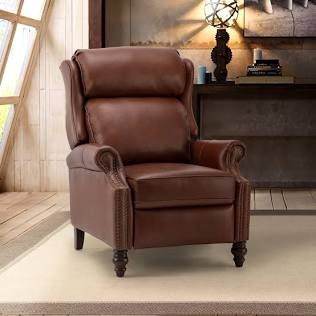 Genuine Leather Recliner Nailhead Trim Adjustable Push Back Recliner with Solid Wooden Legs SN-014-02
