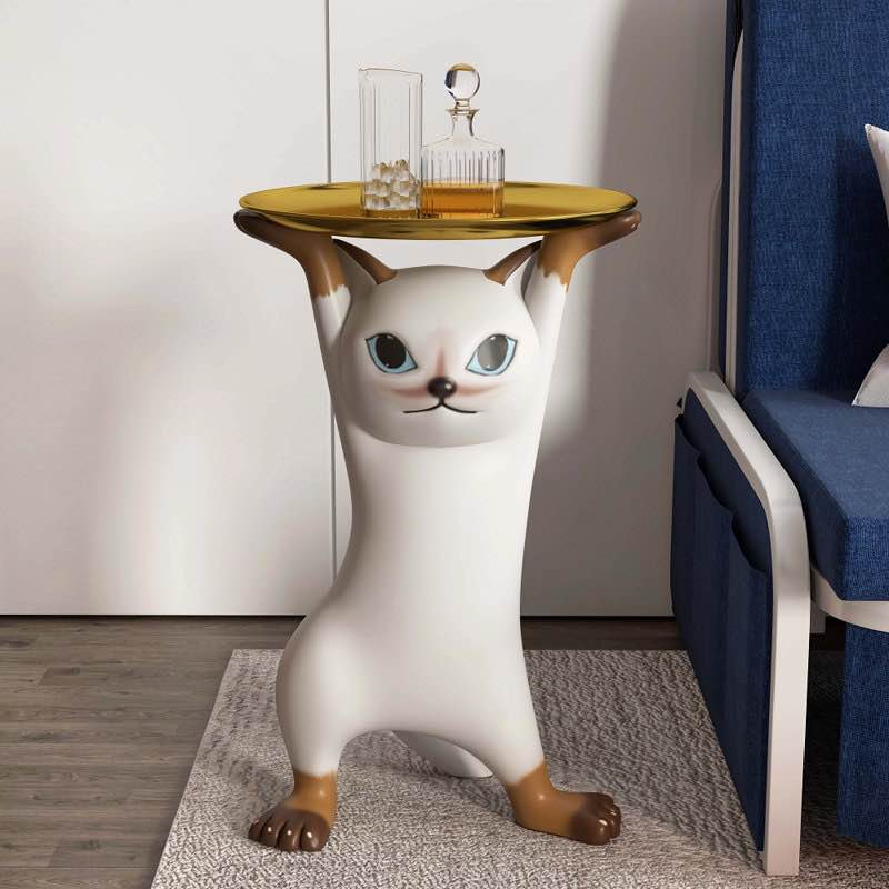 modern cat side table floor resin figurine with gold tray end table