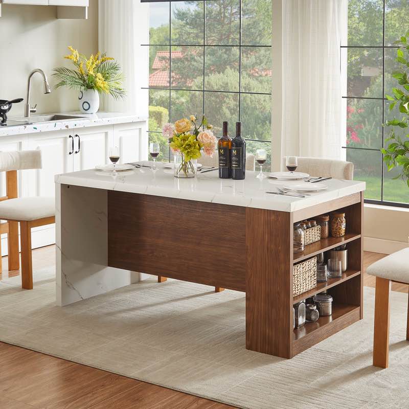 61" kitchen island with imitation marble top - power outlets & adjustable led light for modern farmhouse & open-concept kitchens by ebern designs