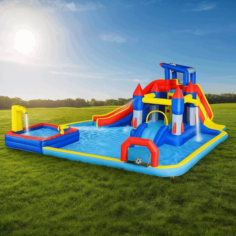 18.9'×17.1’ Mega Inflatable Water Park Combo - Giant Slide, Dual Splash Pools, Water Guns, Basketball Hoop, Soccer Goal & Rock Climbing Wall