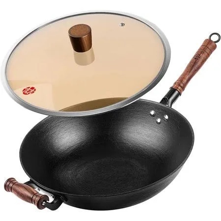WANGYUANJI Cast Iron Wok,13.4'' Flat Bottom Wok with Glass Lid,Suitable for All Cooktops, Uncoated Craft Wok Healthy Cooking Wok