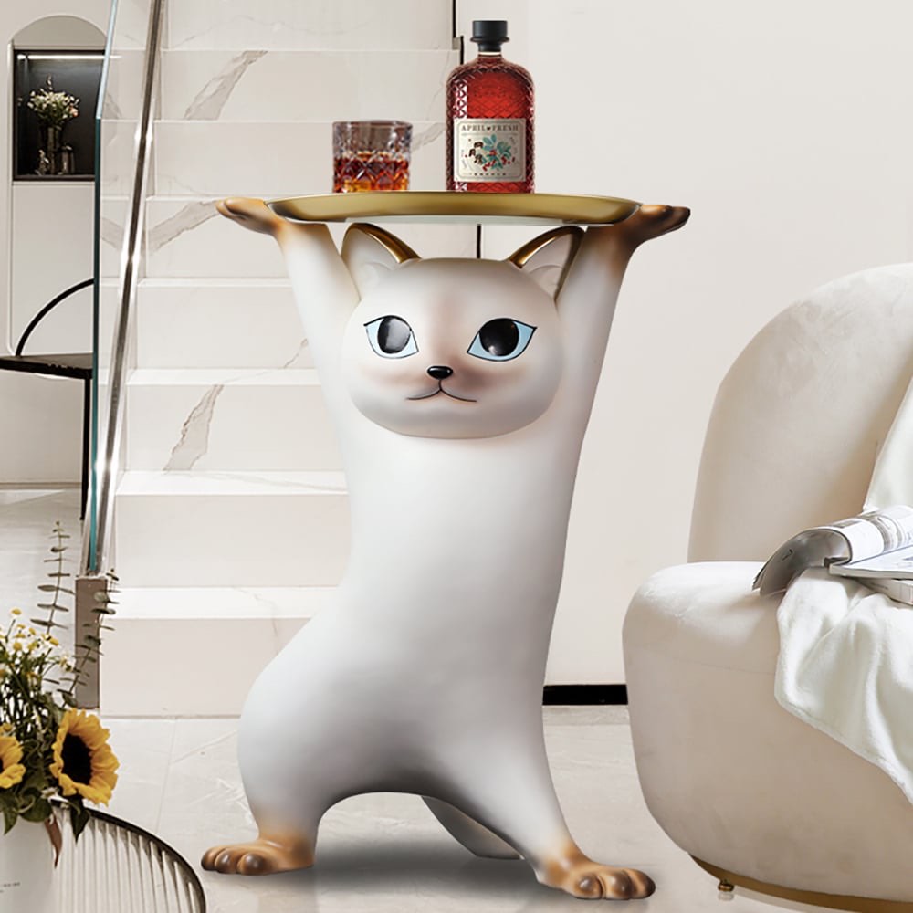 modern cat side table floor resin figurine with gold tray end table
