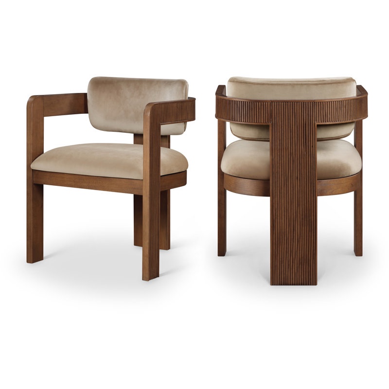 Meridian Furniture  2-Upholstered Dining Arm Chair, Light Brown/Velvet Beige 