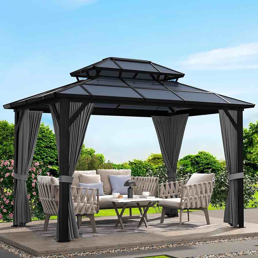 10x12 FT Gazebo with Double Top PC Sheet Roof, Aluminum Frame Canopy and PC Roof, Outdoor Permanent Metal Pavilion with Curtains for Patio Garten Backyard Parks