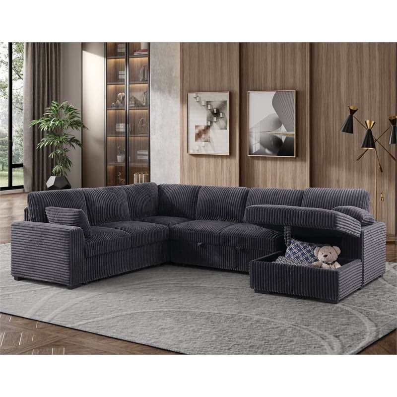 Hybition Fabric U-Shape Sofa Modern Pull out Sofa bed & Storage Space-Grey
