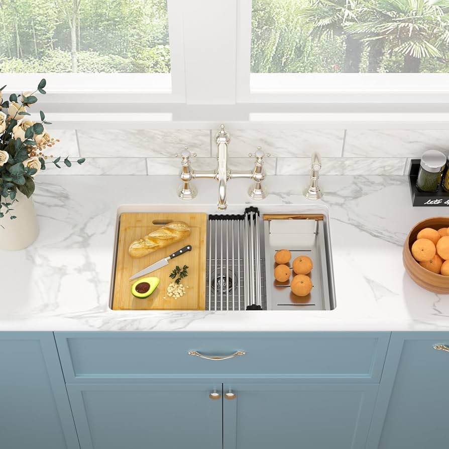 Sarlai 30 White Kitchen Sink Granite Composite - 30 x 19 inch Kitchen Sink Undermount White Granite Composite Quartz Single Bowl Under Counter Ledge Workstation Sinks Basin MH-301910PW-W 