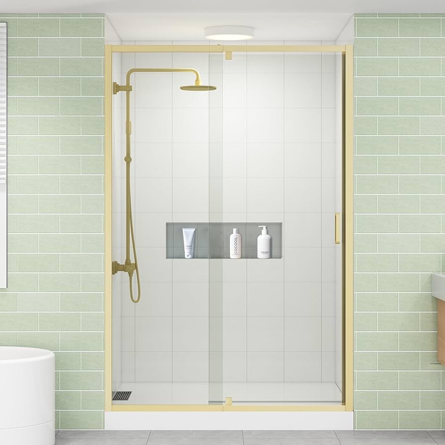 Pivot Shower Door,44-48" W x 76" H Frameless Shower Door, 1/4"(6 mm) Thick Clear Tempered Glass, Brushed Gold Finish, Reversible Glass Shower Door