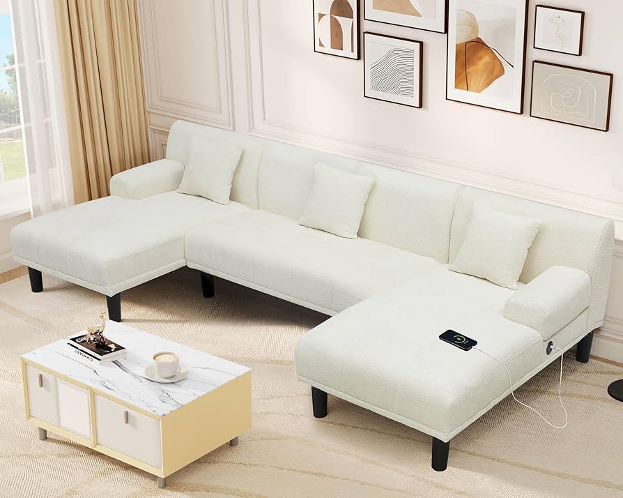 YITAHOME Sectional Couches for Living Room, U Shaped Sofa Chenille Modern Modular Couch with USB & Type C Charging Ports Double Chaise and Comfy Upholstered, Beige