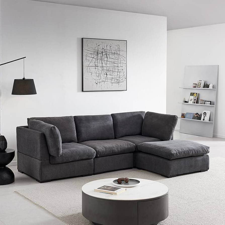 Jumarlyn 99'' Modular Sectional Sofa Cloud Couch for Living Room L-Shape Sofa with Feather Filled, Modern Cloud Sofa with Ottoman for Home Office, Polyester Fabric Dark Grey