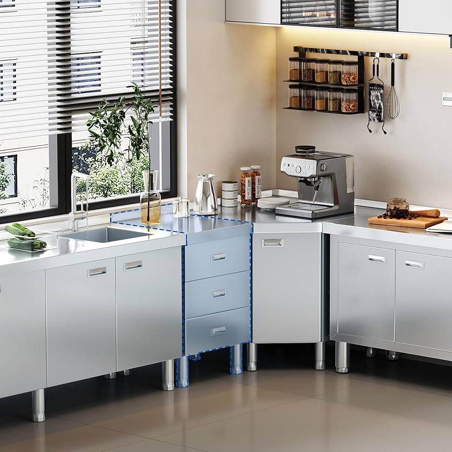 ZZV Stainless Steel Kitchen Cabinet Outdoor Kitchen Drawers with Handles Triple Access BBQ Drawers for Outdoor Garage Restaurant, 21.66 x 19.68 x 35.43 in