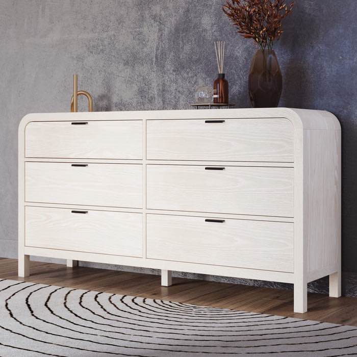 Modus Furniture Drake Six Drawer Dresser in Sugar SKU NKNF82 34Hx68Wx18D inches 32.8 cuft 218 lbs