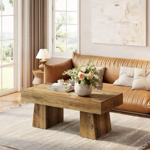 Lantine Farmhouse Coffee Table, 47 Inches Wooden Rectangular Accent Center Tables with Thick Base, Modern Low Cocktail Tea Furniture for Living Room (Rustic Brown)