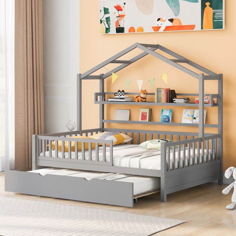 Wooden Full Size House Bed w/ Twin Size Trundle, Gray