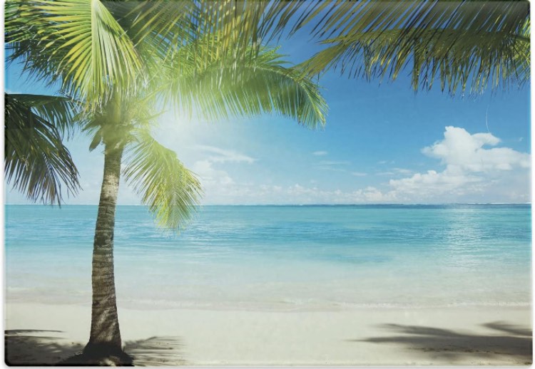 Lunarable Beach Cutting Board, Caribbean Sea and Palm Trees Illustration Sunny Scene, Decorative Tempered Glass Cutting and Serving Board, Large Size, Aqua Multicolor