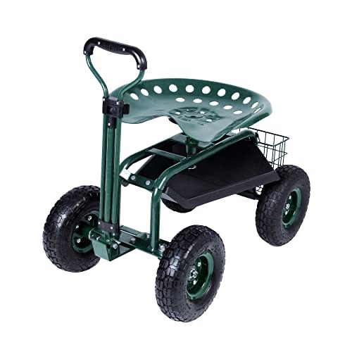 Rolling Garden Cart with Height Adjustable Swivel Seat and Storage Basket-Green