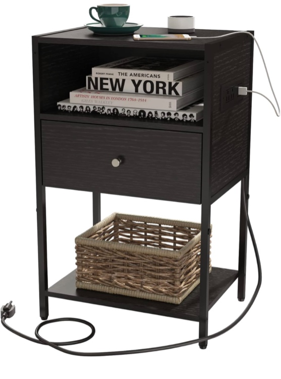 LDTTCUK Nightstand with Charging Station, Modern End Table with Drawer, Bedside Table with Open Storage for Bedroom,Black