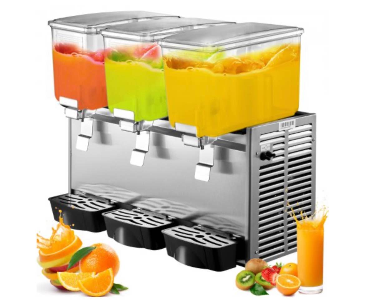VEVOR Commercial Beverage Dispenser, 20.4 Qt 18L 3 Tanks Ice Tea Drink Machine, 680W 304 Stainless Steel Juice Dispenser with 41-53.6 Thermostat Controller, for Cold Drink Restaurant Hotel Party. has been used is in good condition parts included