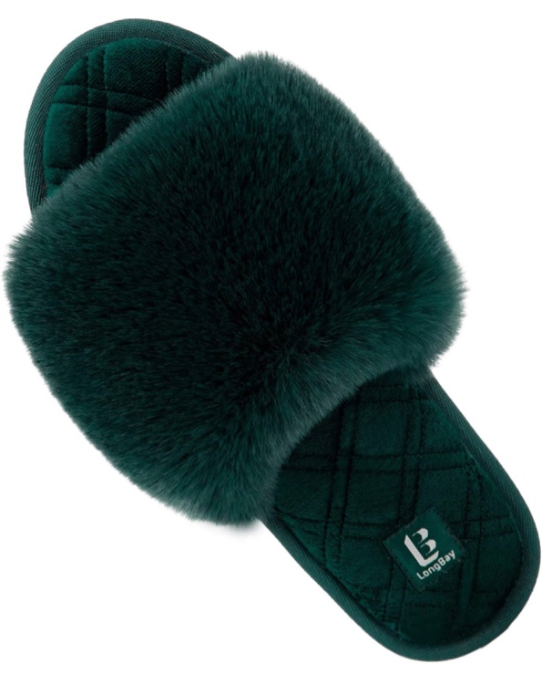 11 LongBay Women's Fuzzy Faux Fur Memory Foam Cozy Flat Spa Slide Slippers Comfy Open Toe Slip On House Shoes Sandals