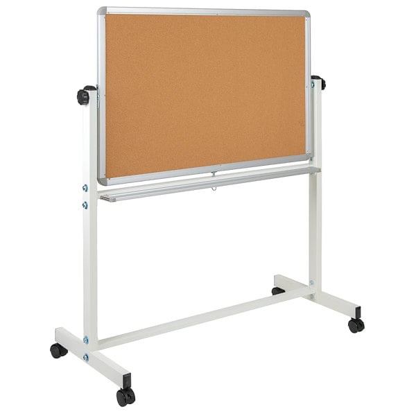 Flash Furniture HERCULES Series 53"W x 59"H Reversible Mobile Cork Bulletin Board and White Board with Pen Tray