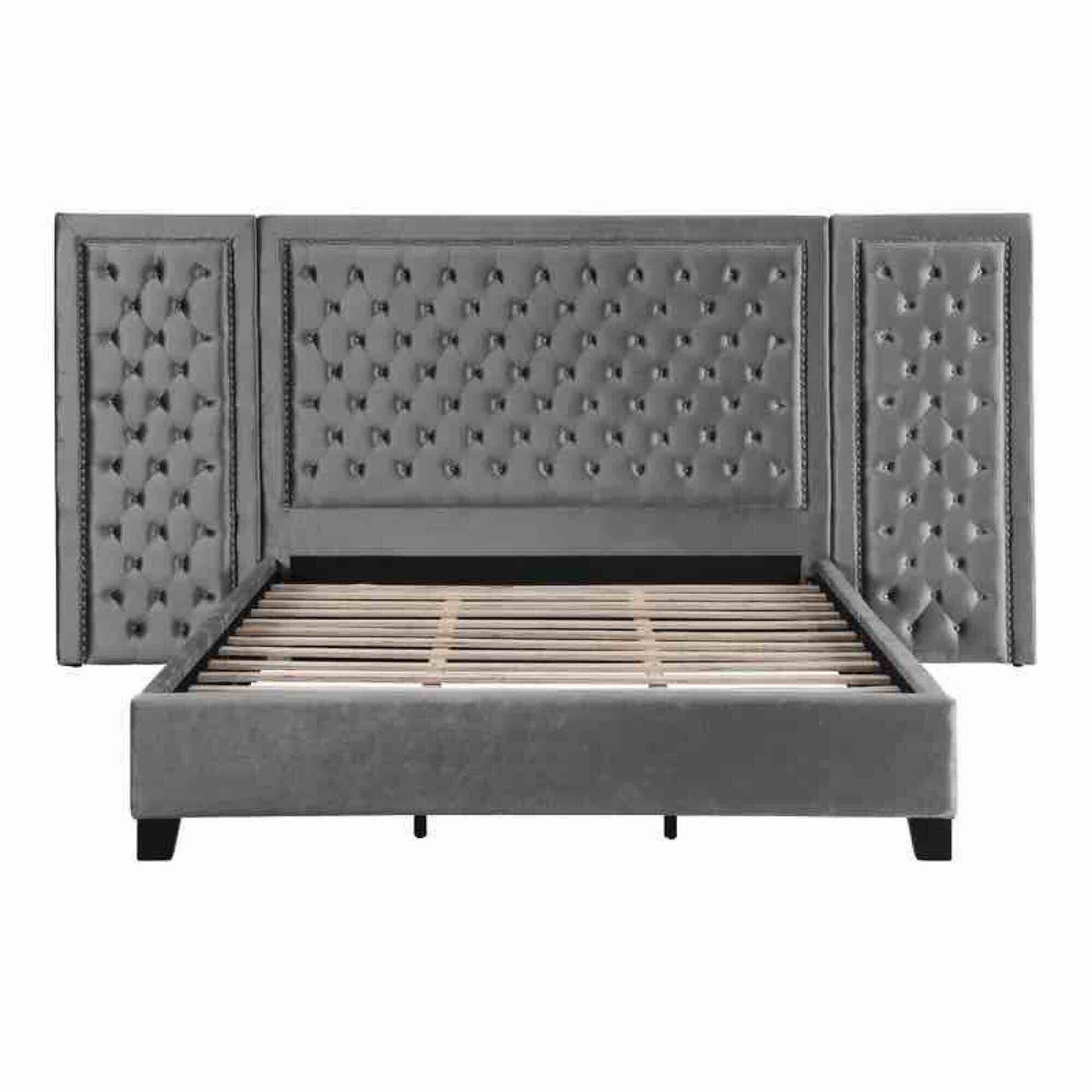 Queen Gray Kuku Tufted Upholstered Low Profile Platform Bed