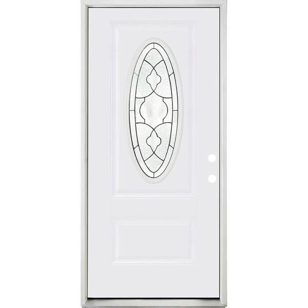 Reliant 36 in. x 80 in. Left Hand 3/4 Oval Duchess Decorative Glass Primed Fiberglass Prehung Front Door