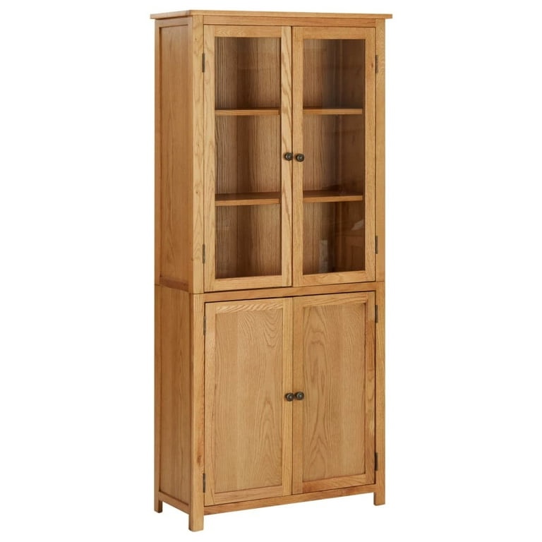 vidaXL Bookshelf Bookcase with 4 Doors Decor Cabinet Solid Oak Wood and Glass- Shelves sold separately, solid oak Bookcase with 2 Cabinets, 1 set of glass doors, antique black knobs. 34" W x 18" D x 71" H