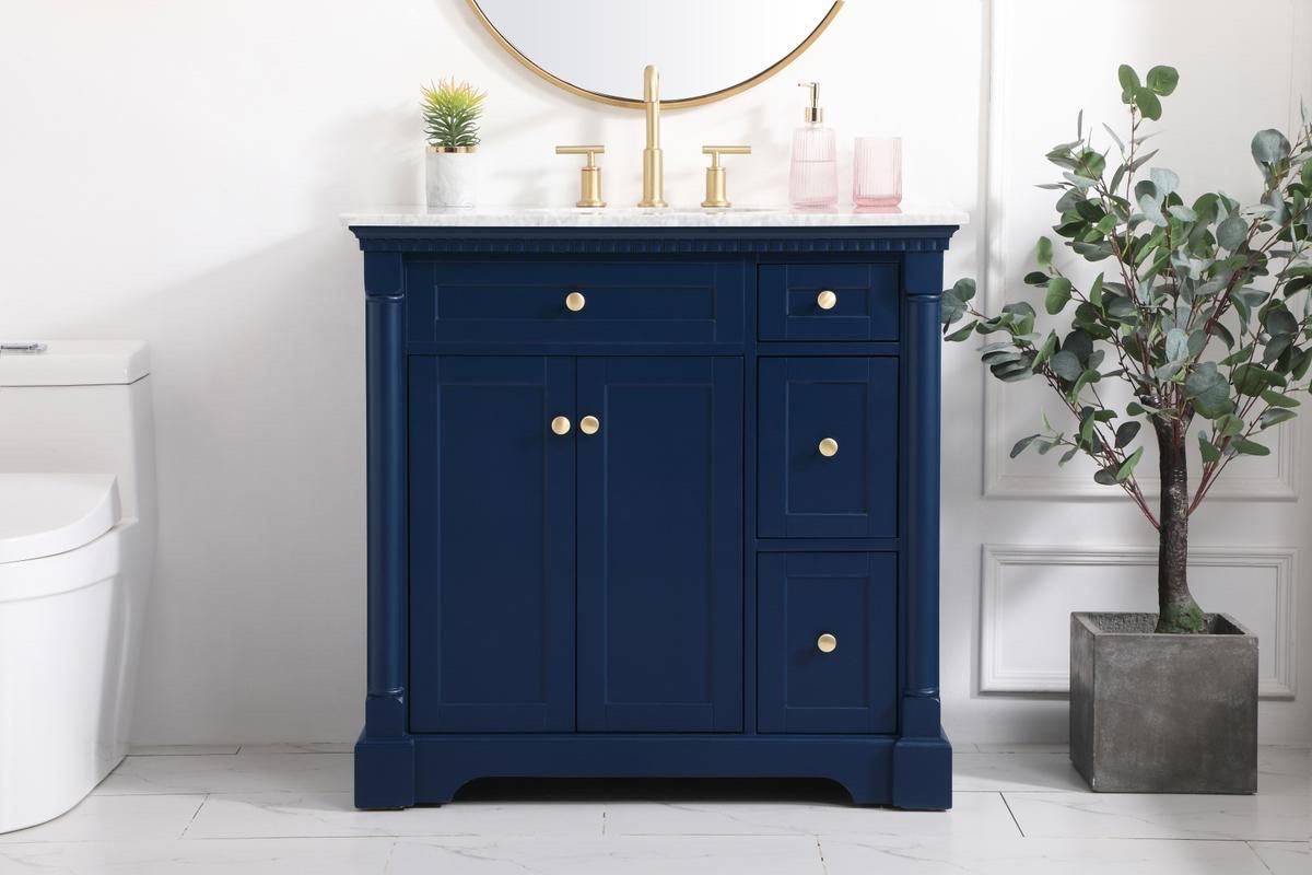 Elegant 36 In. Single Bathroom Vanity in Blue VF53036BL, 3 Drawer, 1 False Drawer, 1 Cabinet Vanity in Midnight Blue with Gold Knobs and White Marble Single Sink Top. 21.5" W x 36" D x 35" H