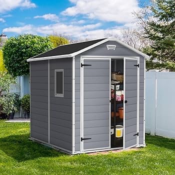 Keter Manor 6x8 Ft All-Weather Heavy-Duty Resin Outdoor Storage Shed with Double Lockable Doors, Floor Panel, & Built-in Ventilation, Light Grey