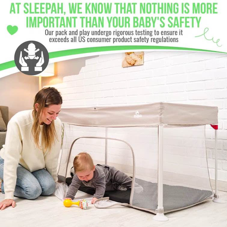 Beige Folding Travel Crib with Waterproof Mattress - Portable Playpen