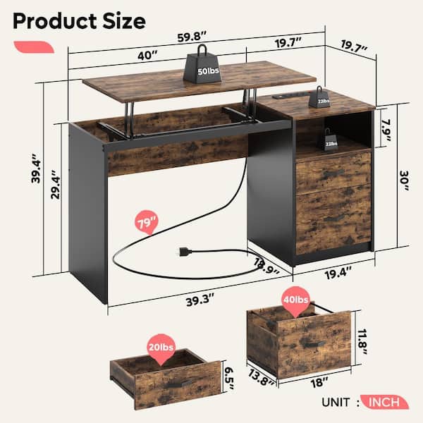 Bestier 59.84 in. Computer Desk with 2-Storage Drawers Power Outlet and Lift Top Rustic Brown