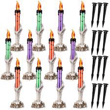 Kittmip 12 Pack Skeleton Hands Hold Lighted Candle with Garden Stakes and Tapes Battery Operated Halloween Flameless Lamp Pathway Makers for Party Indoor Outdoor Decor