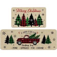 Hexagram Christmas Kitchen Mats Set of 2, Christmas Kitchen Rugs and Mats Farmhouse Plaid Tree and Truck Mats for Floor,Bathroom, Decorative Kitchen Christmas Decorations for Home