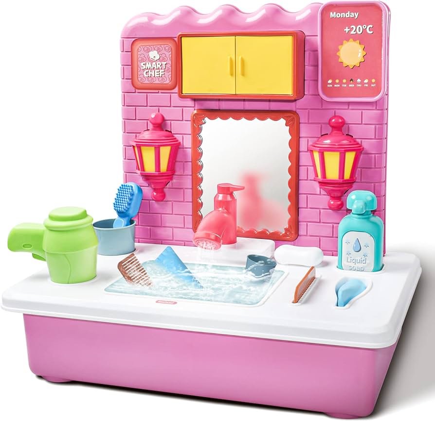 Kid Makeup Set Toys Vanity for Girl Kids Vanity Set with Mirror Age 4-9 with Real Faucets Water Circulation Pretend Cosplay Set Suitable as Gifts for 3-5 Years Old Boys Girls Toddlers