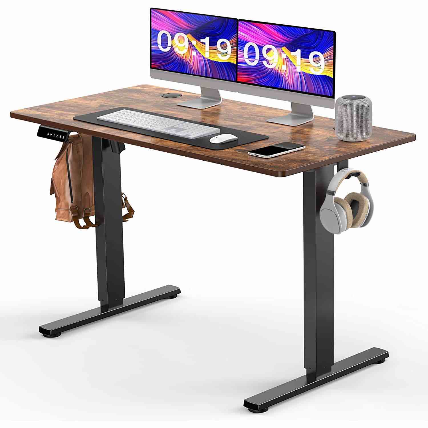 SMUG Standing Desk, 48 x 24 in Electric Height Adjustable Computer Desk for Home Office, Sit Stand up Work Gaming Table with Memory Controller/Headphone Hook, Rising Lift Workstation-Rustic Brown