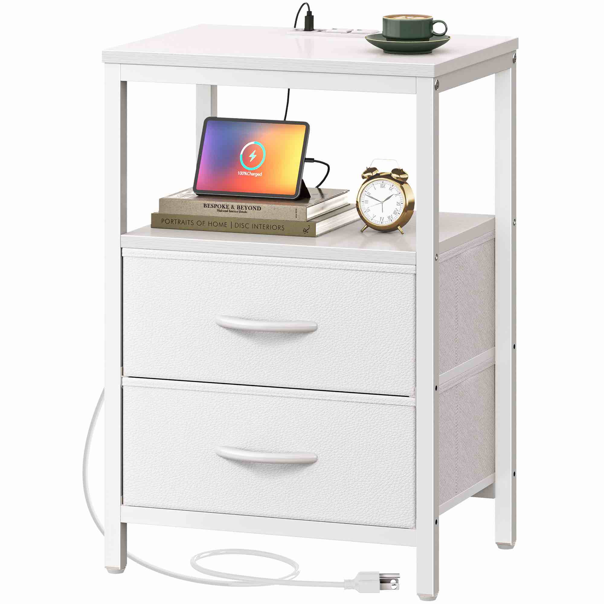 Nightstand with Charging Station, Side Table with Fabric Drawers, End Table with Open Shelf, Bedside Table with USB Ports and Outlets, Night Stand for Bedroom, White