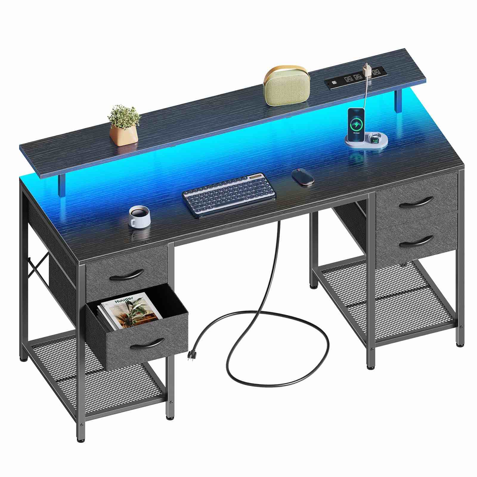 55 inch Computer Desk with 4 Drawers, Gaming Desk with LED Lights & Power Outlets, Home Office Desk with Large Storage Space for Bedroom, Work from Home, Black