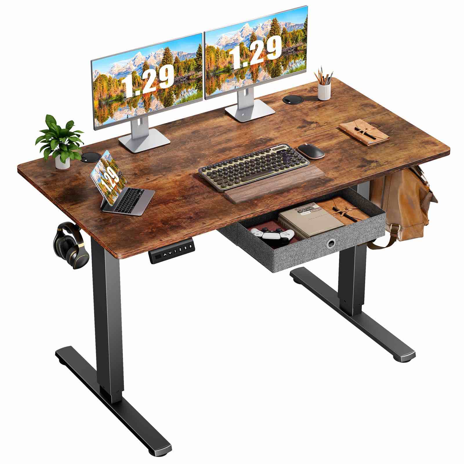 Electric Height Adjustable Sit Stand Home Office Computer Desks with Drawer, 48 Inch, Rustic Top and Black Frame