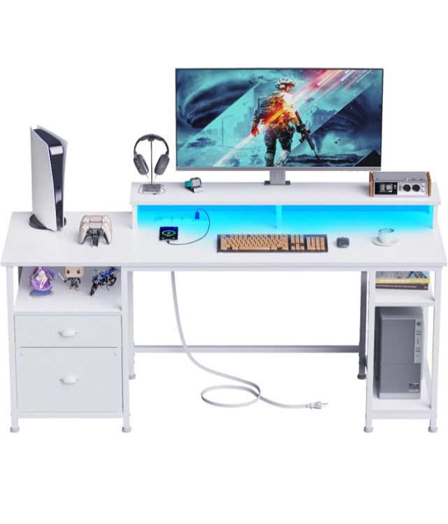 Furologee 61" Desk with LED Light & Power Outlets, Reversible Computer Desk with File Cabinet & Drawer, White Gaming Desk Writing Table with Dual Monitor Stand, for Home/Office/White