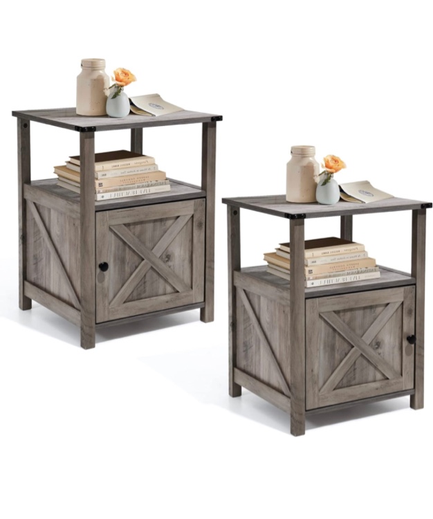 JOINHOM Farmhouse Nightstand Bedroom, End Table with Barn Door and Shelf, Wooden Side Table for Living Room, Office, Bedroom