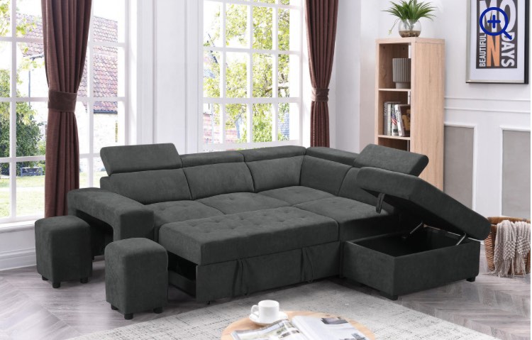 Henrik Dark Gray Sleeper Sectional Sofa With Storage Ottoman