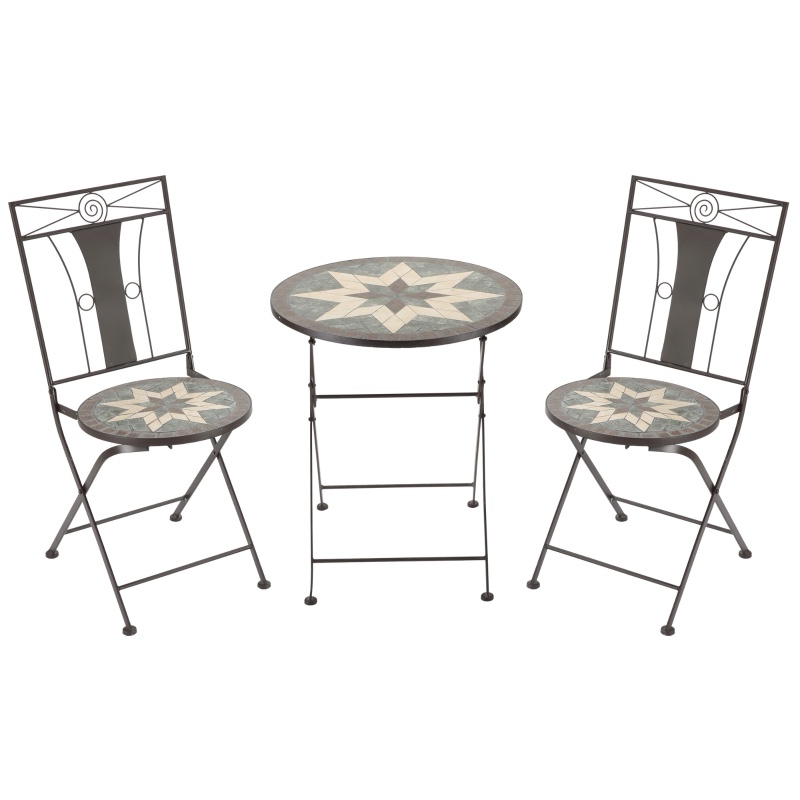 Outsunny 3 Piece Patio Bistro Set, Mosaic Pattern Metal Folding Chairs, Foldable Outdoor Dining Table for Decor, Garden, Poolside, Porch, Brown
