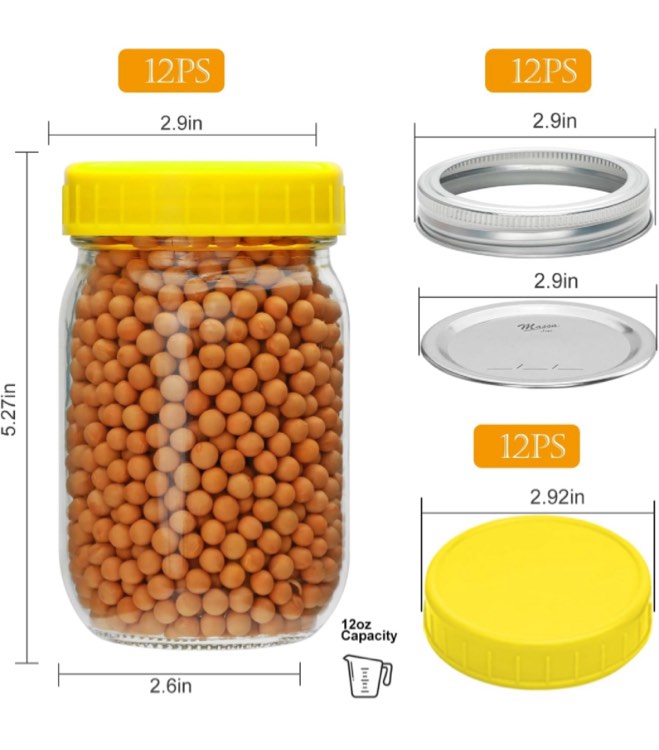 Encheng 12oz Regular Mouth Mason Jars with Lids and Bands,Clear Glass Canning Jars with Metal and Plastic Lids for Preserving,Meal Prep,Food Storage,Jam,Fermenting,Set of 12