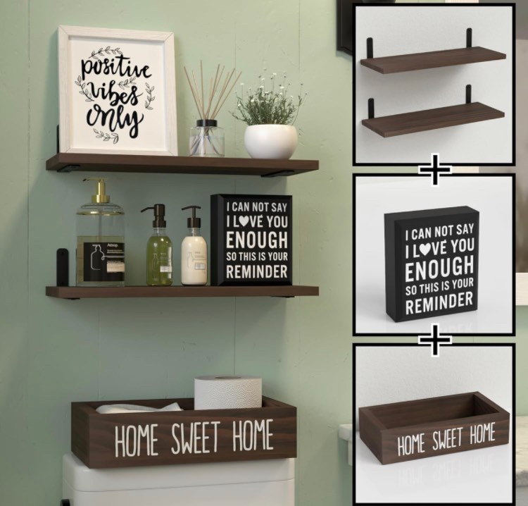 RICHER HOUSE Floating Shelves with Bathroom Décor Box Sign, Bathroom Shelves Over Toilet with Storage Basket, Rustic Wood Wall Shelf for Wall Organizer, Shelf for Wall Décor Bathroom - Rustic Brown