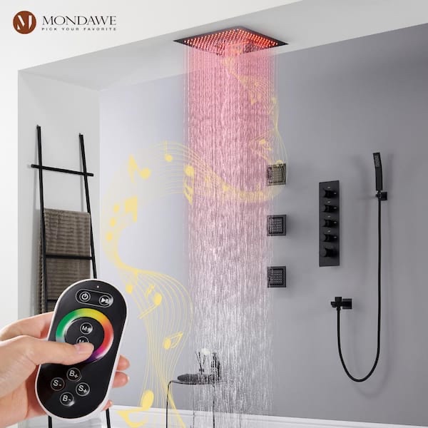 Grolta Luxury LED and Music 4-Spray Patterns Thermostatic 16 in. Ceiling Mount Rain Dual Shower Heads with 3-Jet in Matte Black