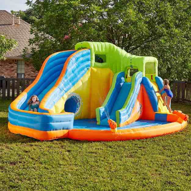 Banzai Inflatable Outdoor Backyard Water Pool Aqua Park with Slides, Water Cannons, Climbing Wall, and Blower Motor