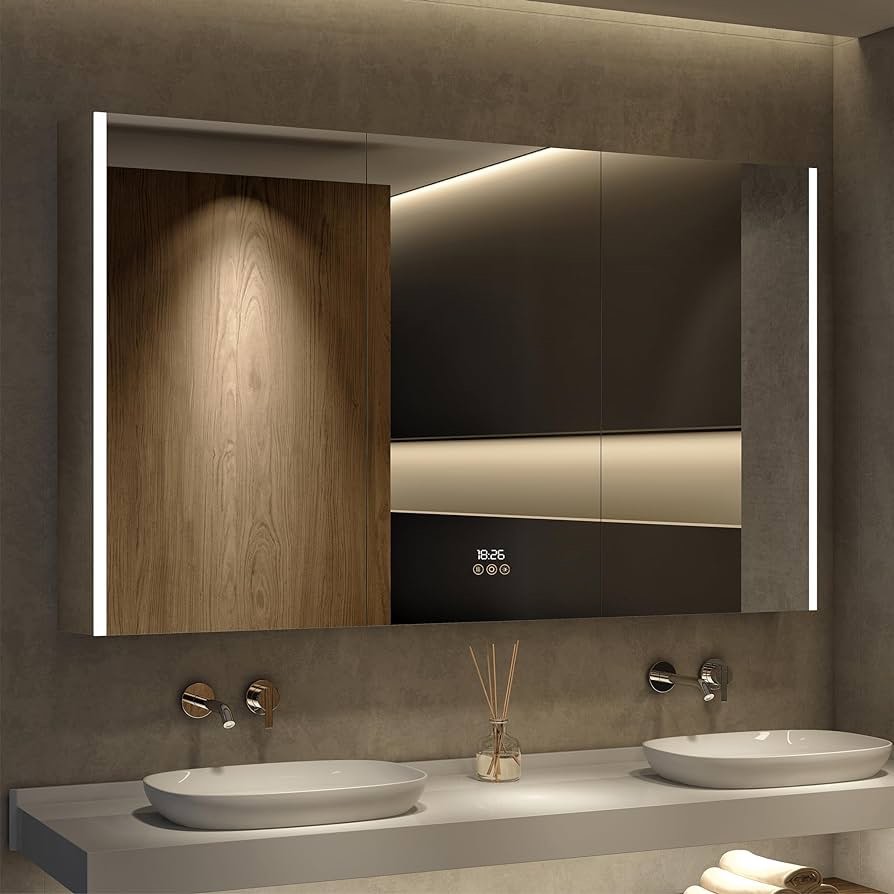 HBEZON Medicine Cabinet with LED Lights and Mirror, 60 x 36 Inch Surface or Recessed Mounted Bathroom Cabinet with Door, Clock&Temp, Defogger, Memory Function, 3-Color Mode, Outlet&USB, Dimmer