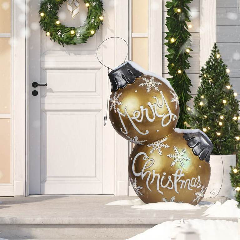 Alpine Corporation XL Merry Christmas Ornaments 36"L x 24"W x 48"H with 8 Warm White LED Lights and Timer for Holiday Decor, Gold