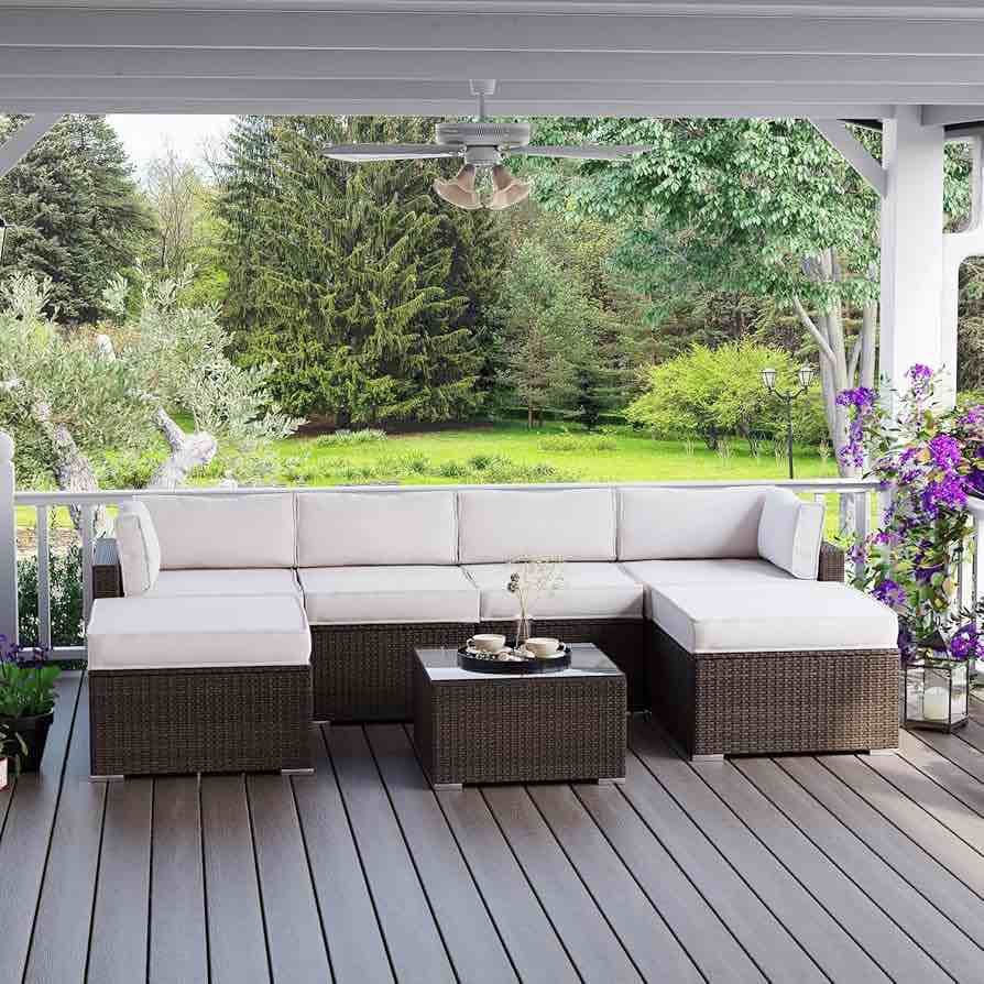 COSIEST 7-Piece Outdoor Furniture Brown Wicker Family Sectional Sofa w Thick Off White Cushions, Glass Top Coffee Table, 2 Ottomans, for Garden, Pool, Backyard, Color Brown/White - Cushions. (COMPLETE)