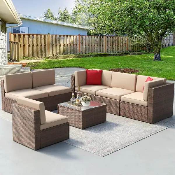 MEISSALIVVE  7 Pieces Outdoor Patio Furniture Sets Wicker Sectional Sofa PE Rattan Conversation Sets with Cushions - Khaki NBCS018KKFS patio khaki two-piece single sofa and coffee table armrest three seats sofa and two-piece corner sofa sectional with coffee table (COMPLETE)